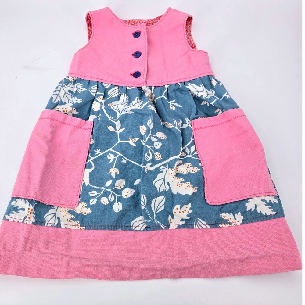 Handmade Summer Blue Floral Denim-Style Jumper Dress Pink Patch Pockets Size 5-6